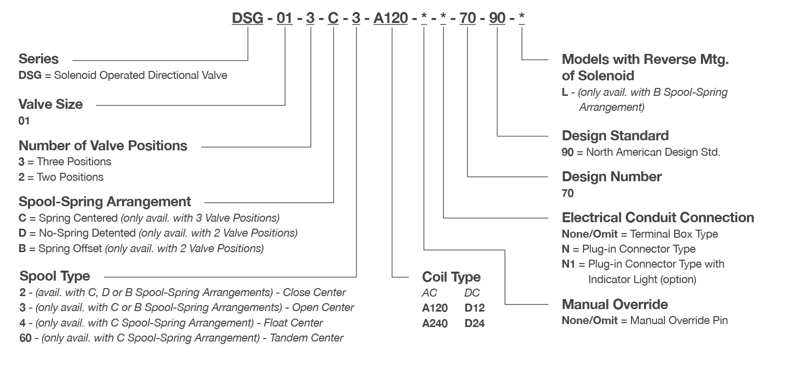Metaris DSG-01 Directional Valve Model Code Breakdown on white color background